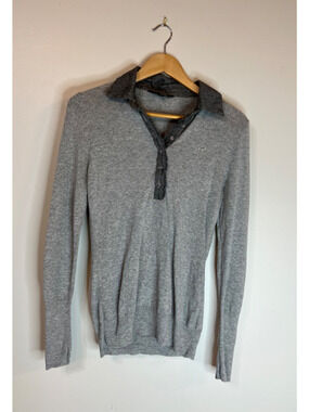 Goode Rider Large Posh Polo Sweater Grey Heather w/ button detail